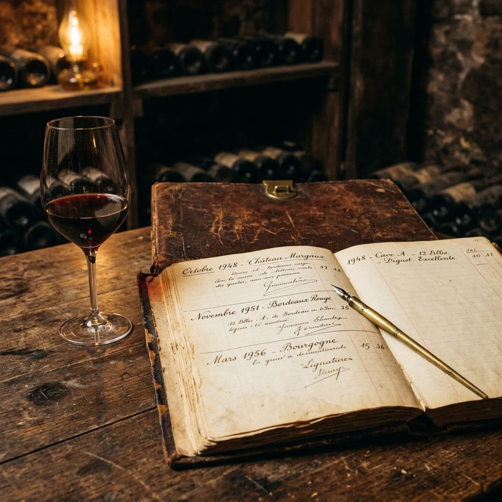 An old leather cellar ledger with handwritten vintage notes beside a wine glass