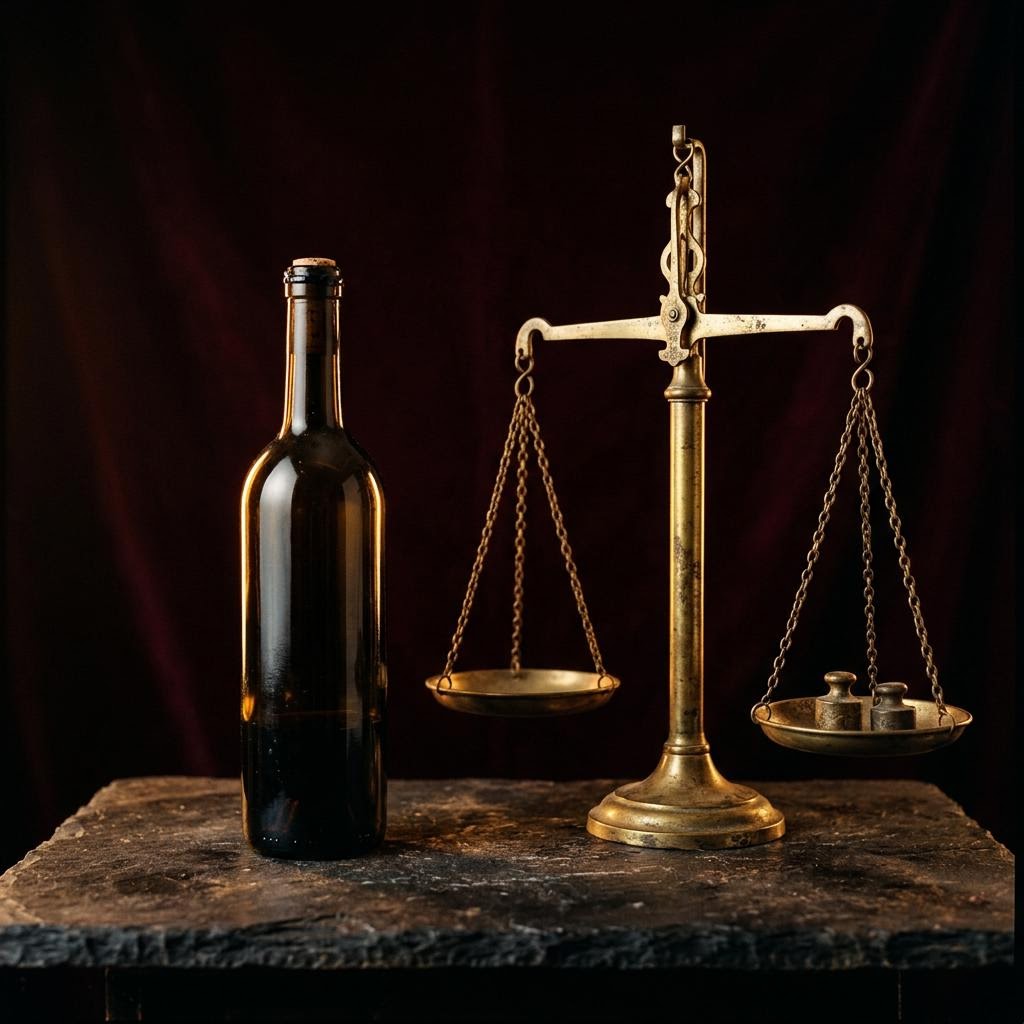 A single wine bottle beside an antique brass balance scale on dark stone