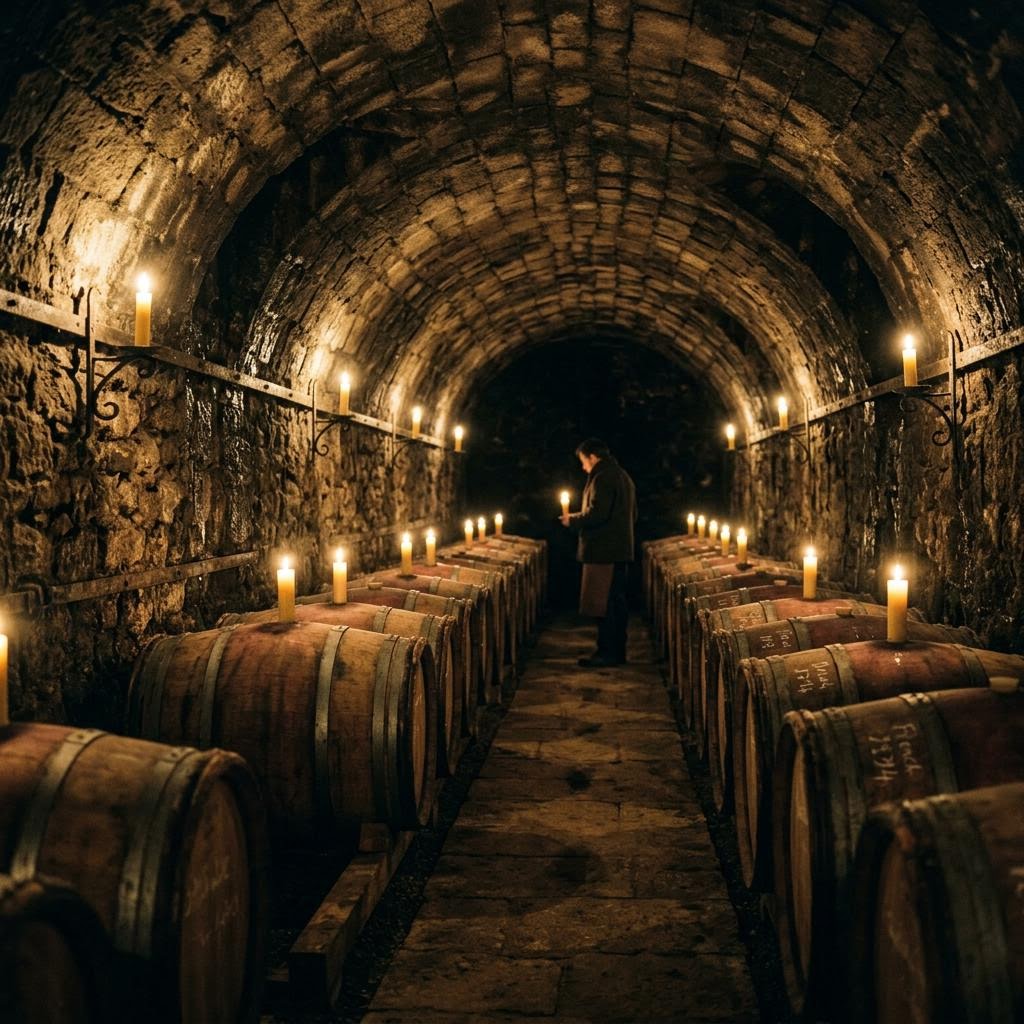 Oak barrels in rows beneath the stone vaults of a candlelit cellar