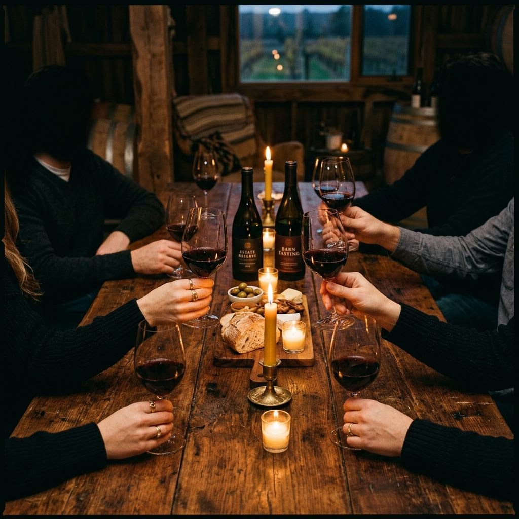 Glasses of red wine on a long wooden table at a candlelit evening tasting